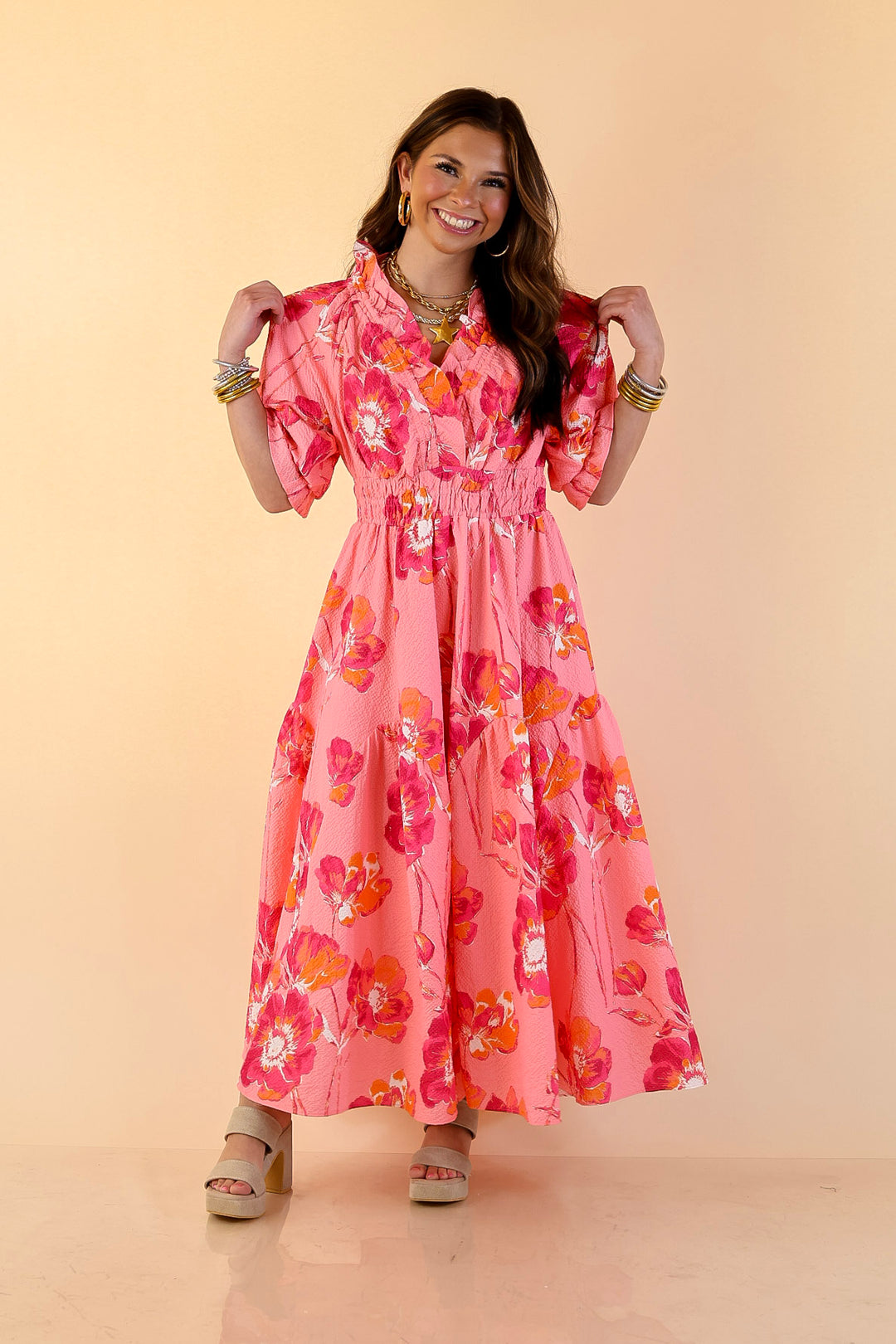 Breezy Belle Floral Print Textured Puff Sleeve Midi Dress with Smocked Waist in Pink Mix