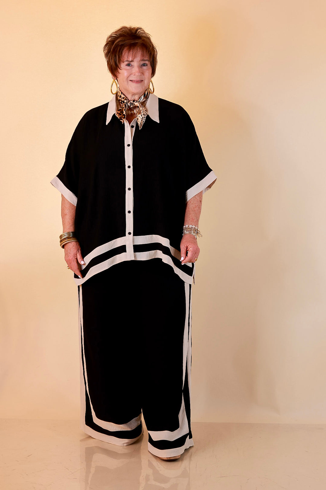 First Class Chic Button Front Collared Top with Matching Wide Leg Pants Set in Black and Ivory