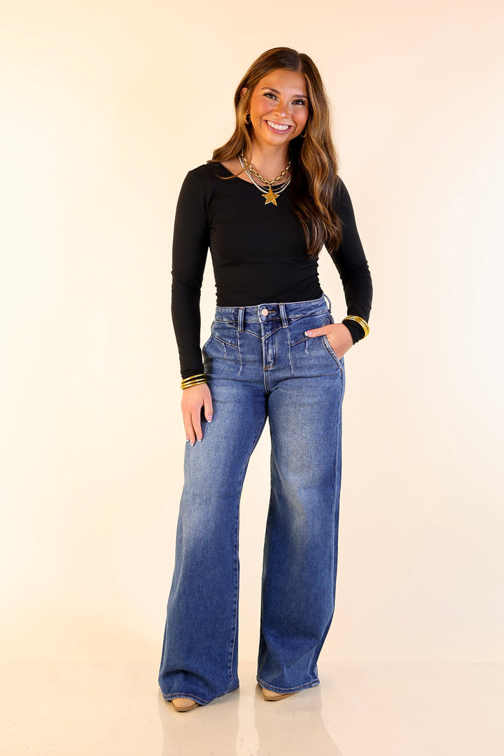 Risen | Rocky Mountain Retreat 90's Inspired Wide Leg Front Yoke Seam Detail Jeans in Dark Wash