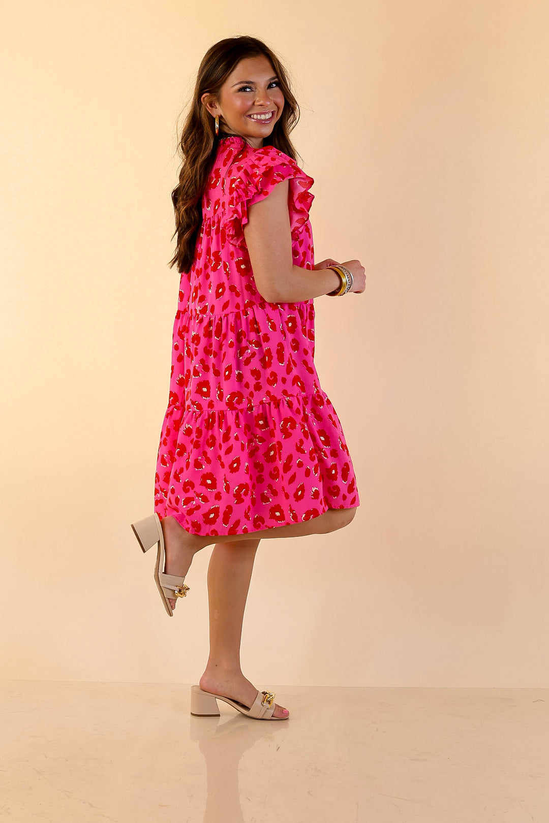 Daring and Delightful Leopard Print Dress with Ruffle Cap Sleeves in Pink and Red