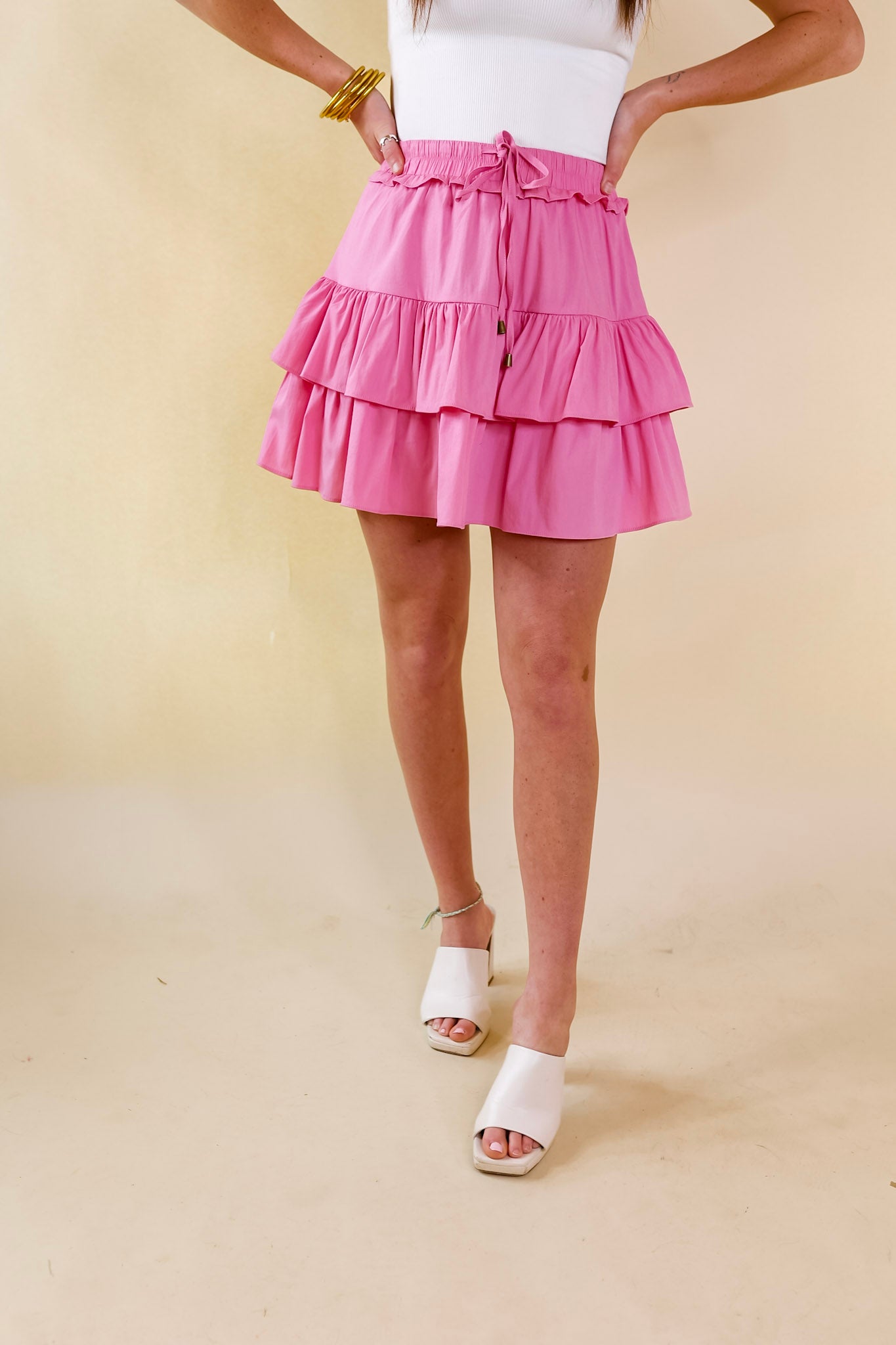 Vibrant Vibes Tiered Skort with Drawstring Waist in Pink - Giddy Up Glamour Boutique