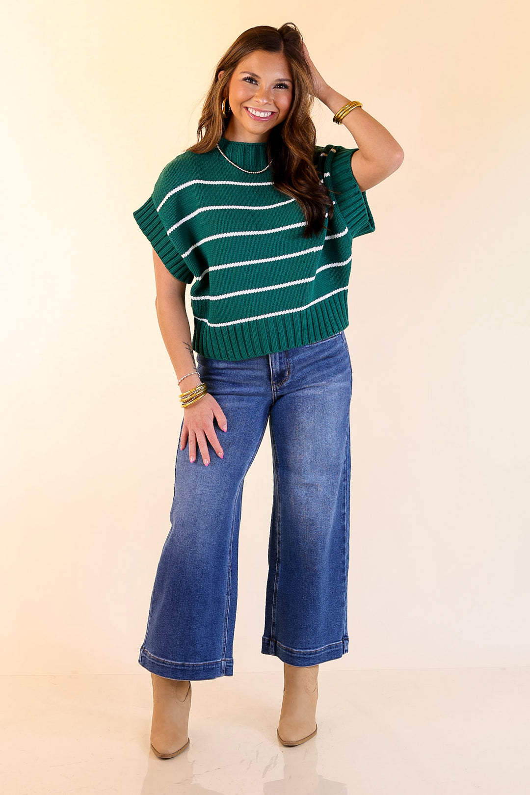 Sweet in Stripes Short Sleeve Striped Mock Neck Sweater in Forest Green