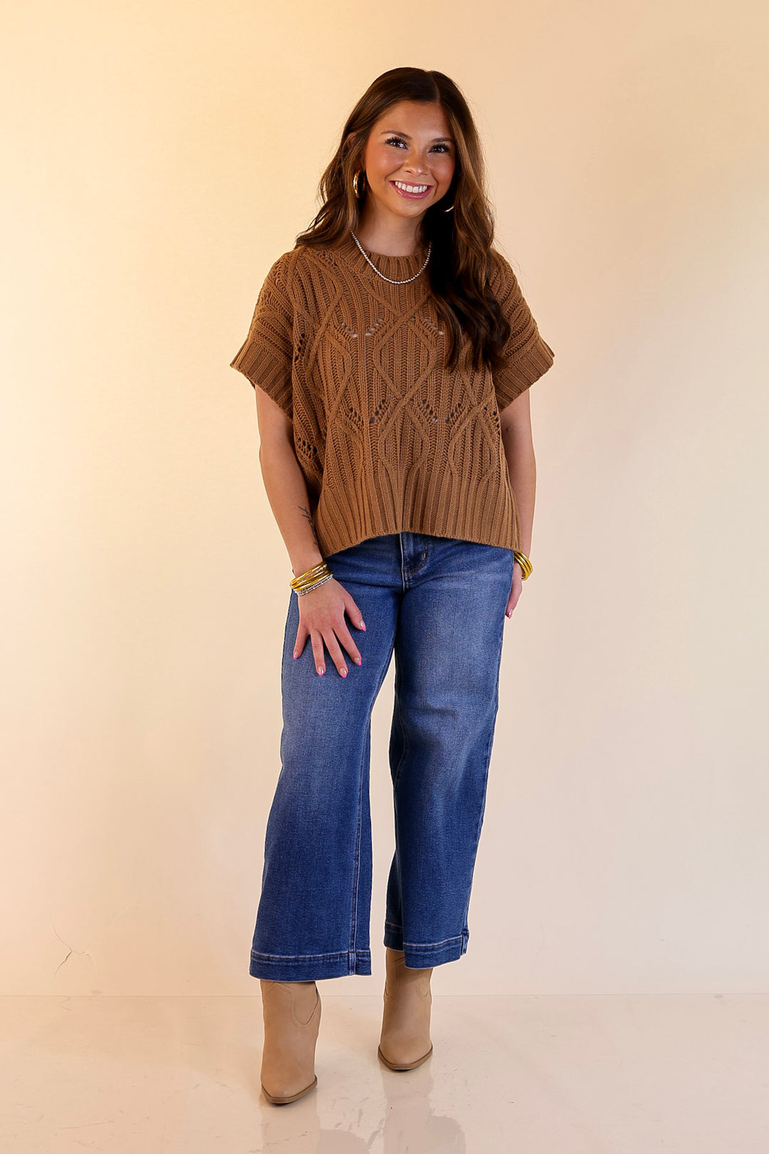 Knit to Last Cable Knit Short Sleeve Sweater Top in Camel Brown