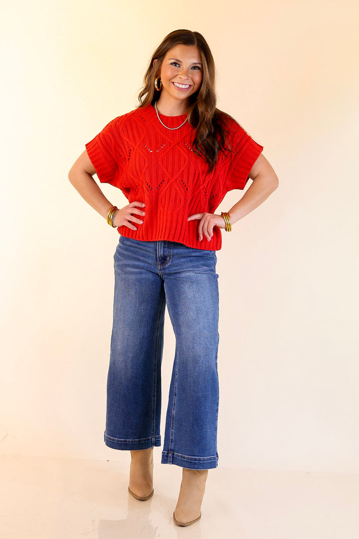Knit to Last Cable Knit Short Sleeve Sweater Top in Red