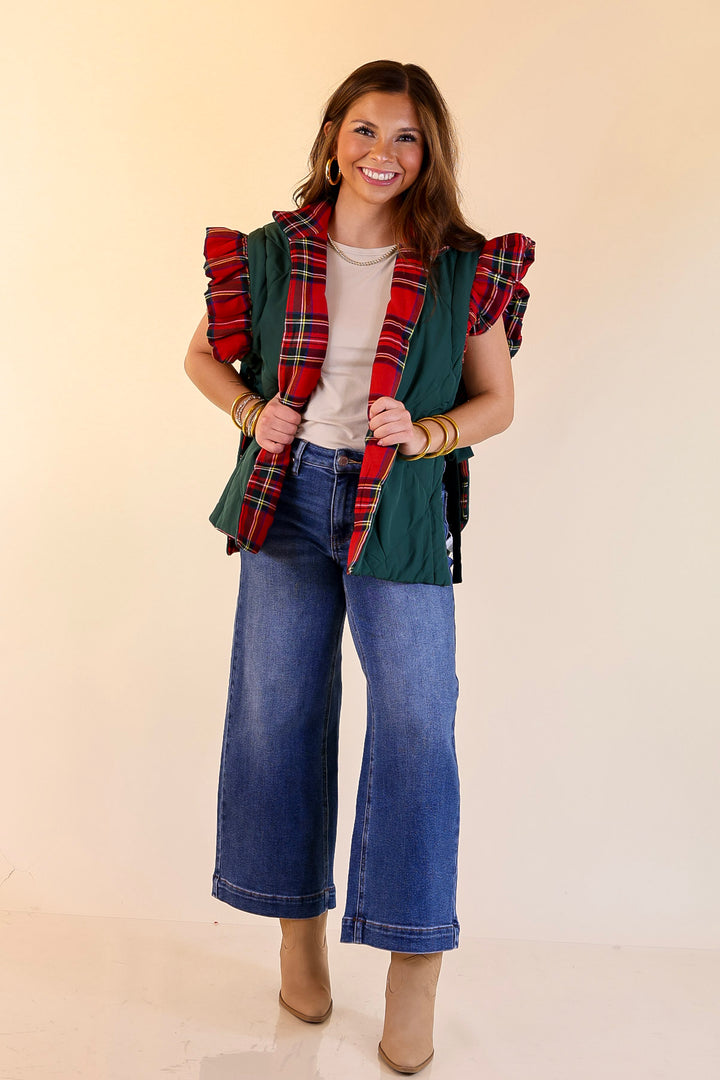 Mud Pie | Jefferies Quilted Plaid Reversible Vest with Ruffle Cap Sleeves and Bow Side Closure in Red
