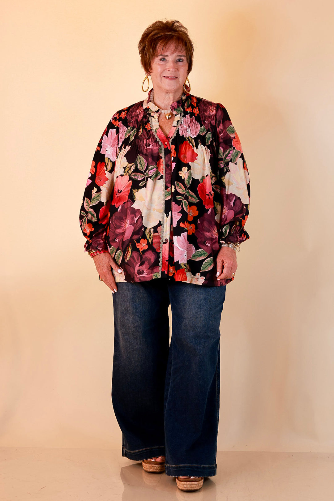 Pick of the Bunch Smocked Shoulder Button Front Floral Print Blouse in Black Multi