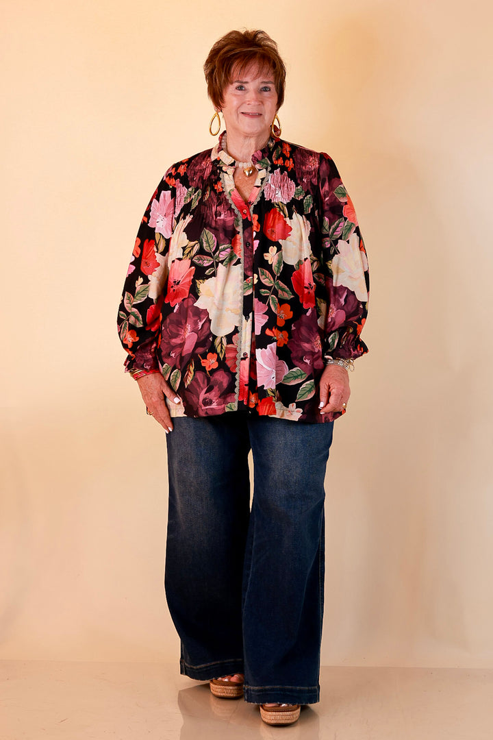 Pick of the Bunch Smocked Shoulder Button Front Floral Print Blouse in Black Multi