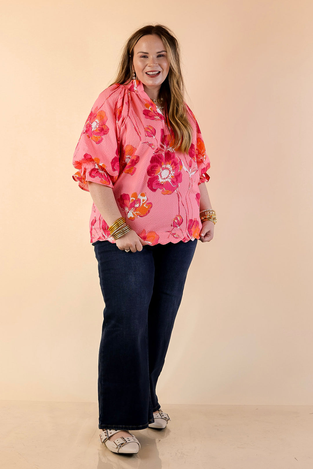 Petal Perfect Floral Print Textured Puff Sleeve Top with Ruffle Split Neckline in Pink Mix