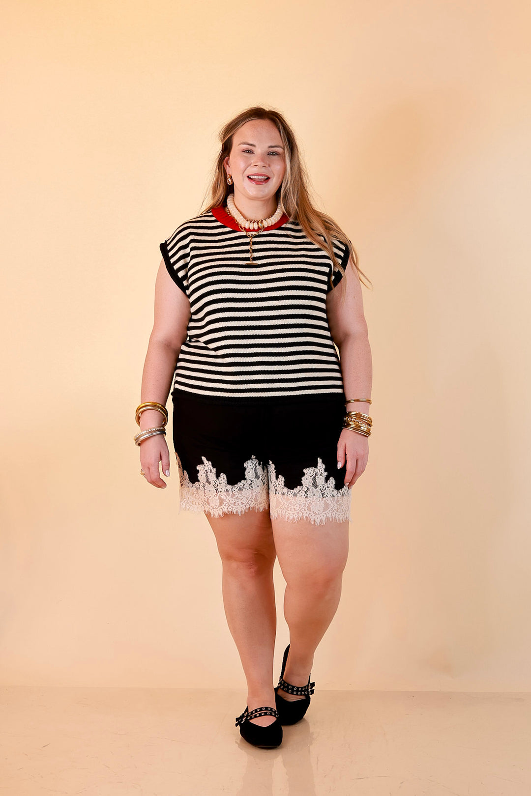 Pretty Little Something Solid Drawstring Shorts with Lace Trim in Black
