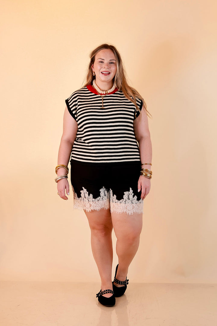 Pretty Little Something Solid Drawstring Shorts with Lace Trim in Black
