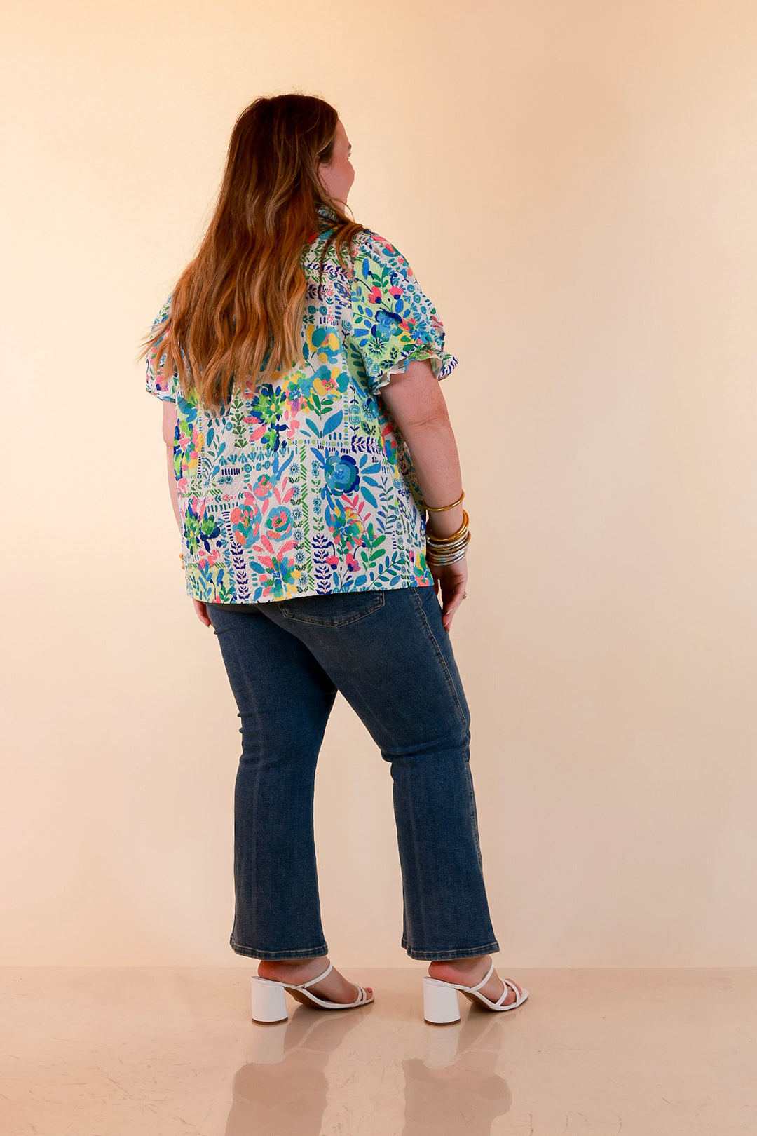 Living in Color Watercolor Floral Print Textured Top with Puff Sleeves in Ivory