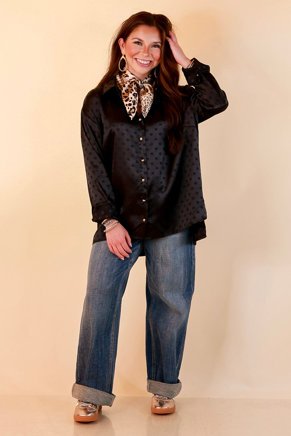 Polished Point of View Satin Collared Polka Dot Button Down Blouse with Gold Buttons in Black