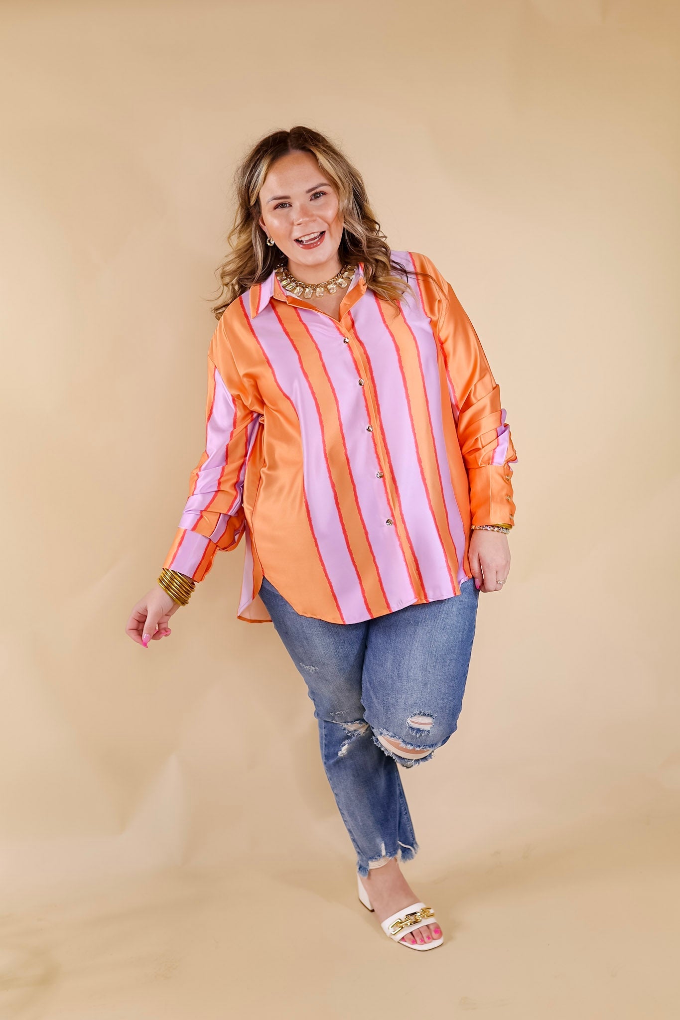 Match My Energy Striped Button Up Top in Lavender Purple and Orange - Giddy Up Glamour Boutique
