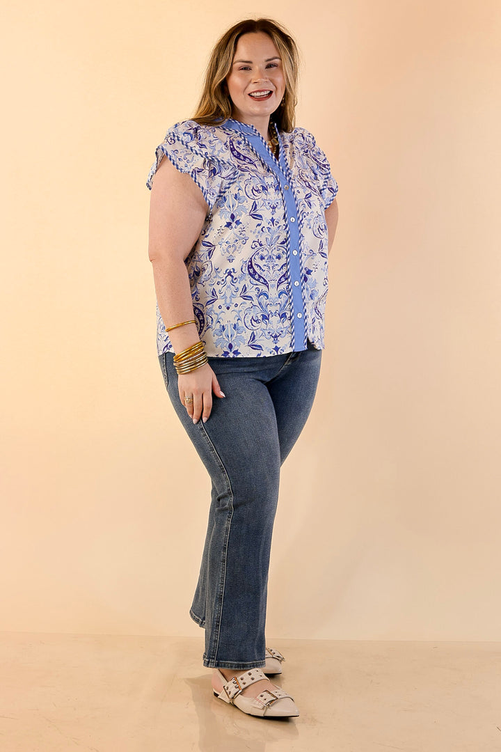 Sassy Sophistication Paisley Print Button Down Flutter Sleeve Top in Blue and White
