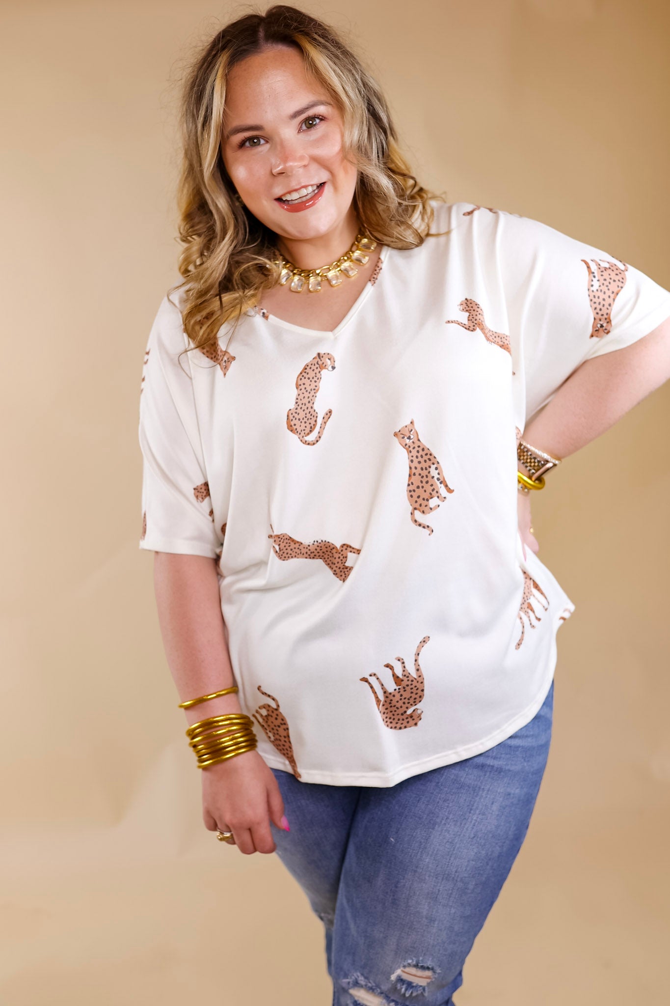 Wild Side Cheetah Print V Neck Top with Short Sleeves in Ivory - Giddy Up Glamour Boutique