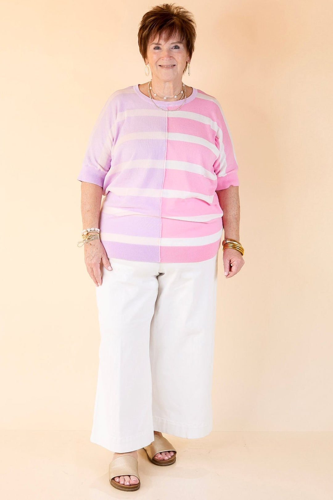 Urban Chic Color Block Striped Knit Top in Purple and Pink