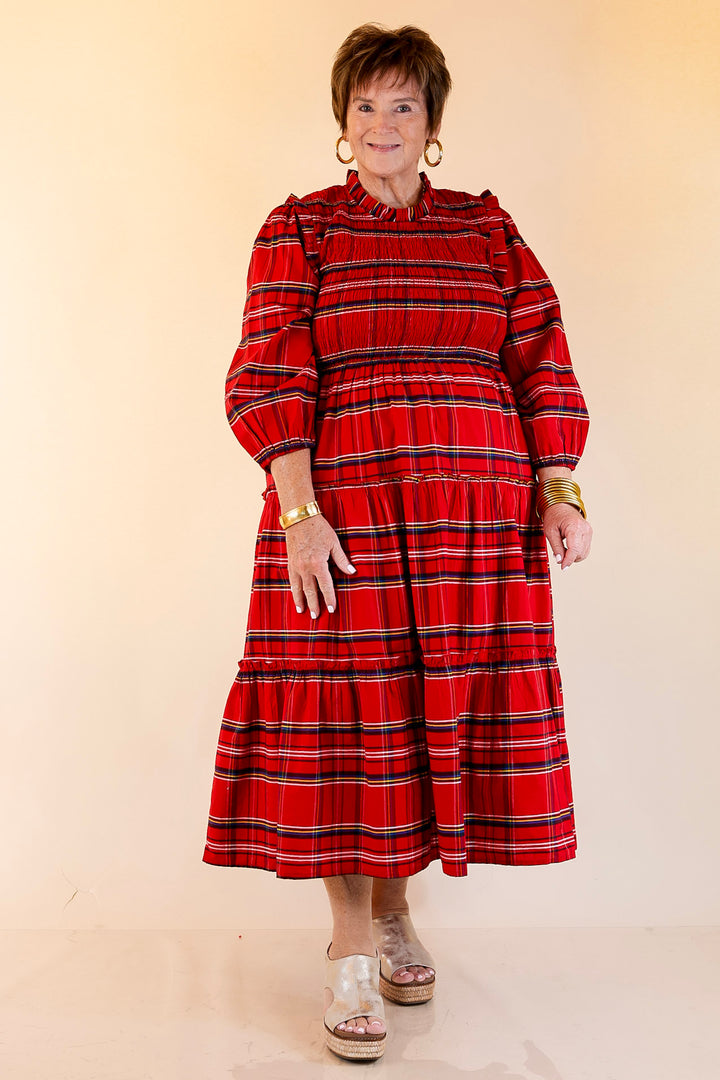Mud Pie | Walton Smocked Bodice Long Sleeve Plaid Midi Dress with Tiered Skirt in Red