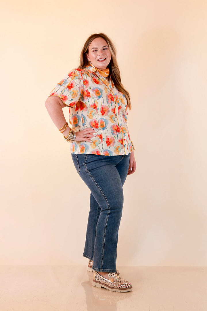 Petals and Plans Poppy Floral Print Button Up Collar Blouse in Cream