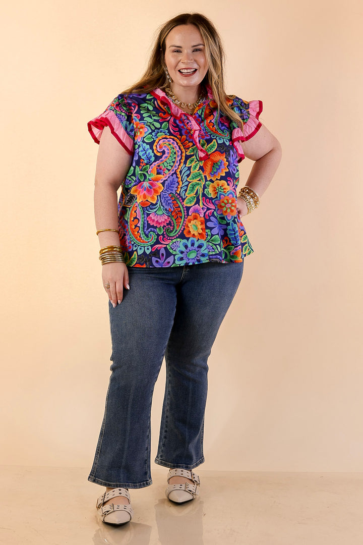 Flourish and Flow Paisley Floral Print Ruffle Flutter Sleeve Top with Split Neckline in Navy Blue