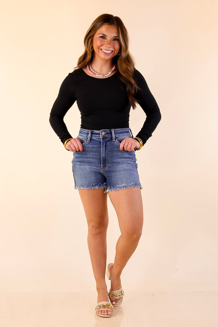 Judy Blue | Casually Cool Frayed Hem Denim Shorts in Dark Wash