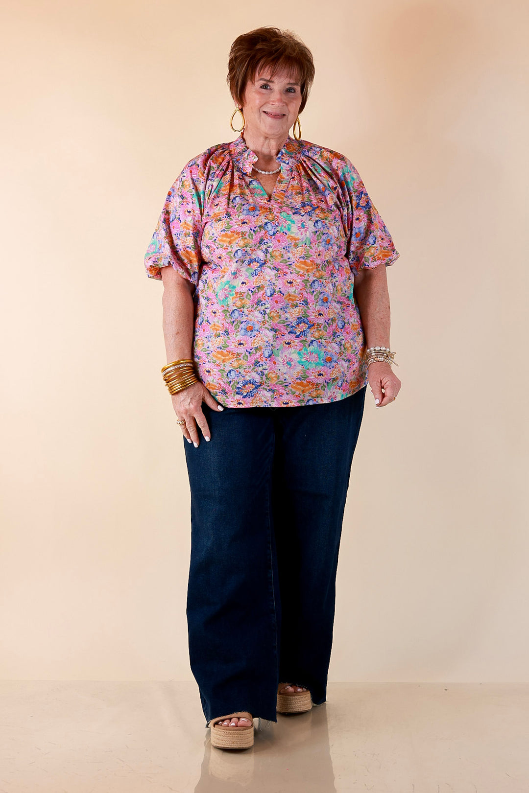 Blooming Beauty Floral Print V Neck Top with Smocked Neckline and Puff Sleeves in Pink Multi Color