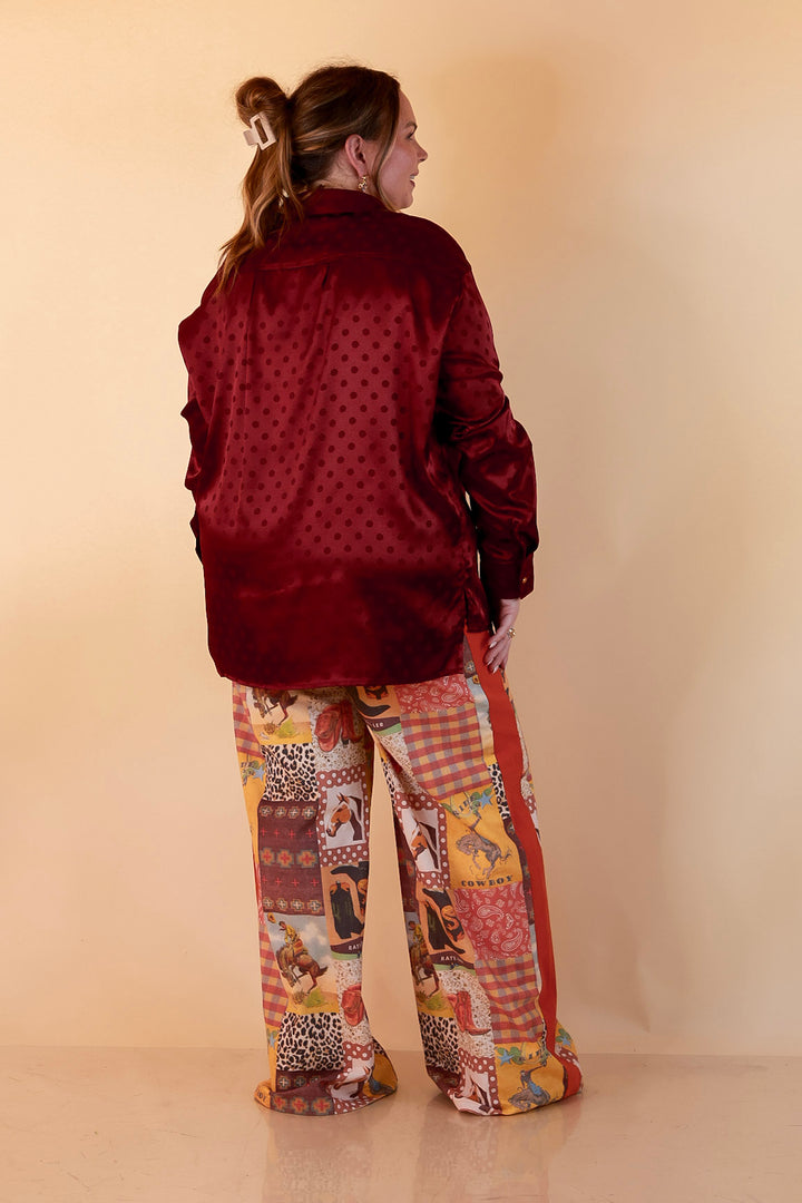 Polished Point of View Satin Collared Polka Dot Button Down Blouse with Gold Buttons in Maroon