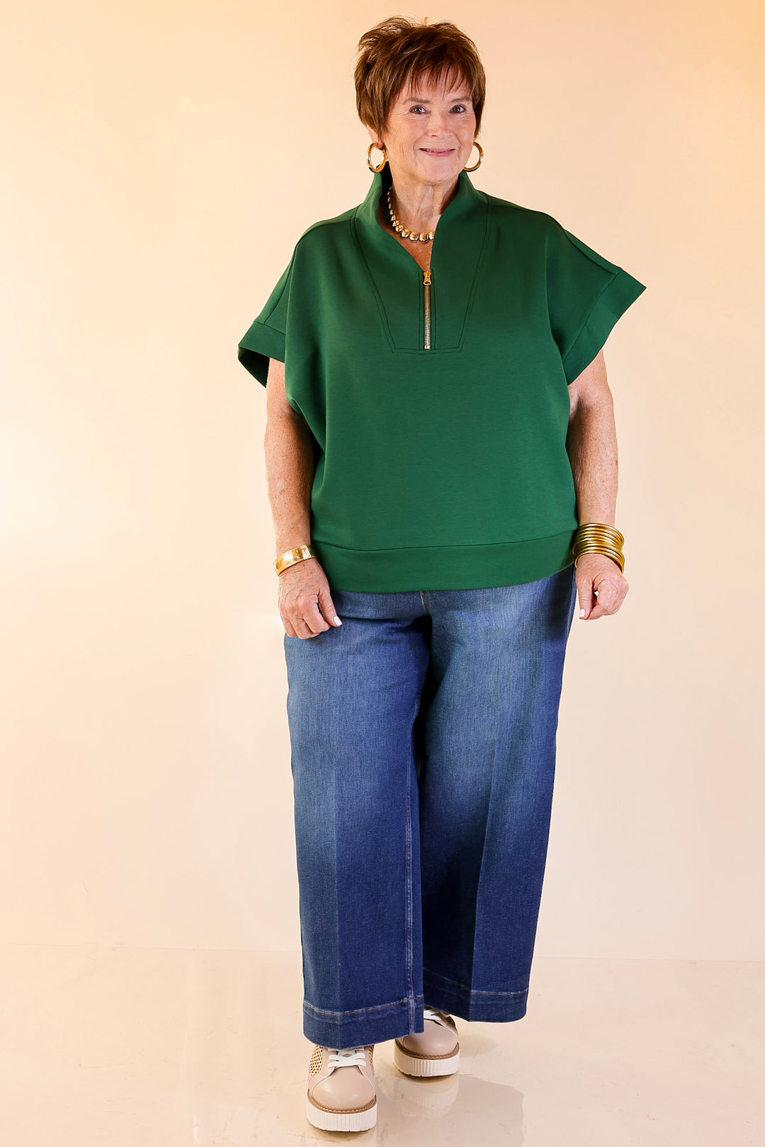 Top Priority Half Zip Collared Scuba Top in Hunter Green