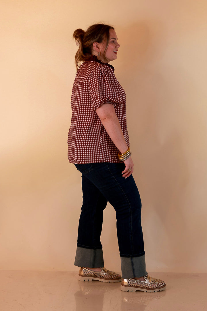 Check the Agenda Contrast V-Neck Button Detail Gingham Puff Sleeve Top in Maroon and Ivory
