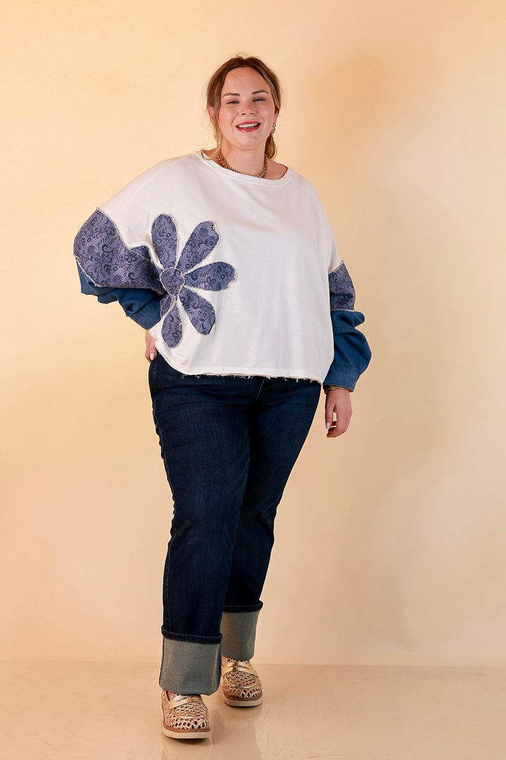 Blooming Details Oversized Floral Appliqué Contrast Sleeve Raw Hem Top in Ivory and Denim Blue
