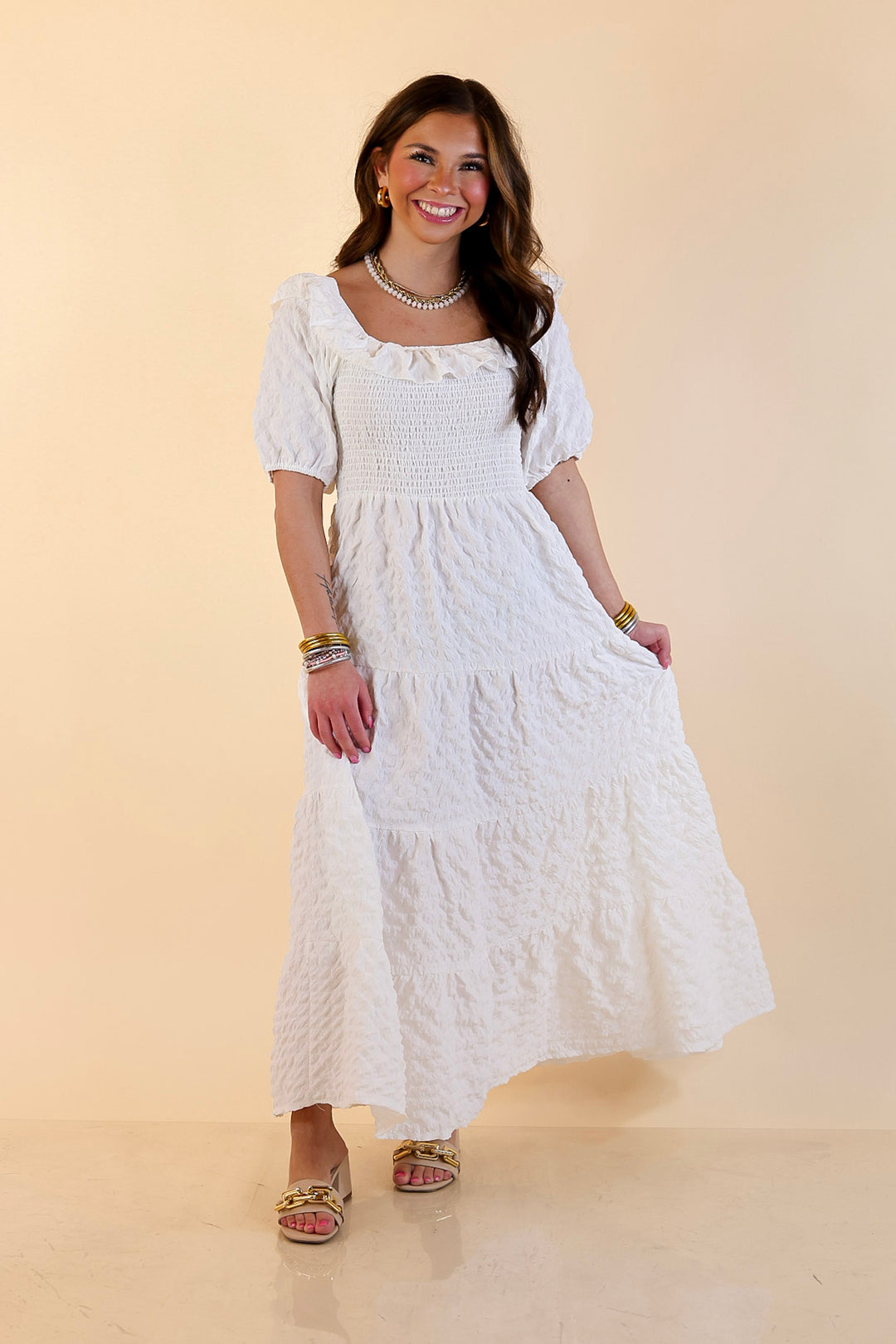 Simply Southern | Radiant Moment Textured Smocked Bodice Tiered Maxi Dress with Puff Sleeves in White