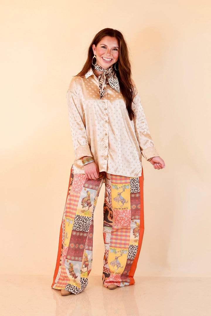Polished Point of View Satin Collared Polka Dot Button Down Blouse with Gold Buttons in Champagne