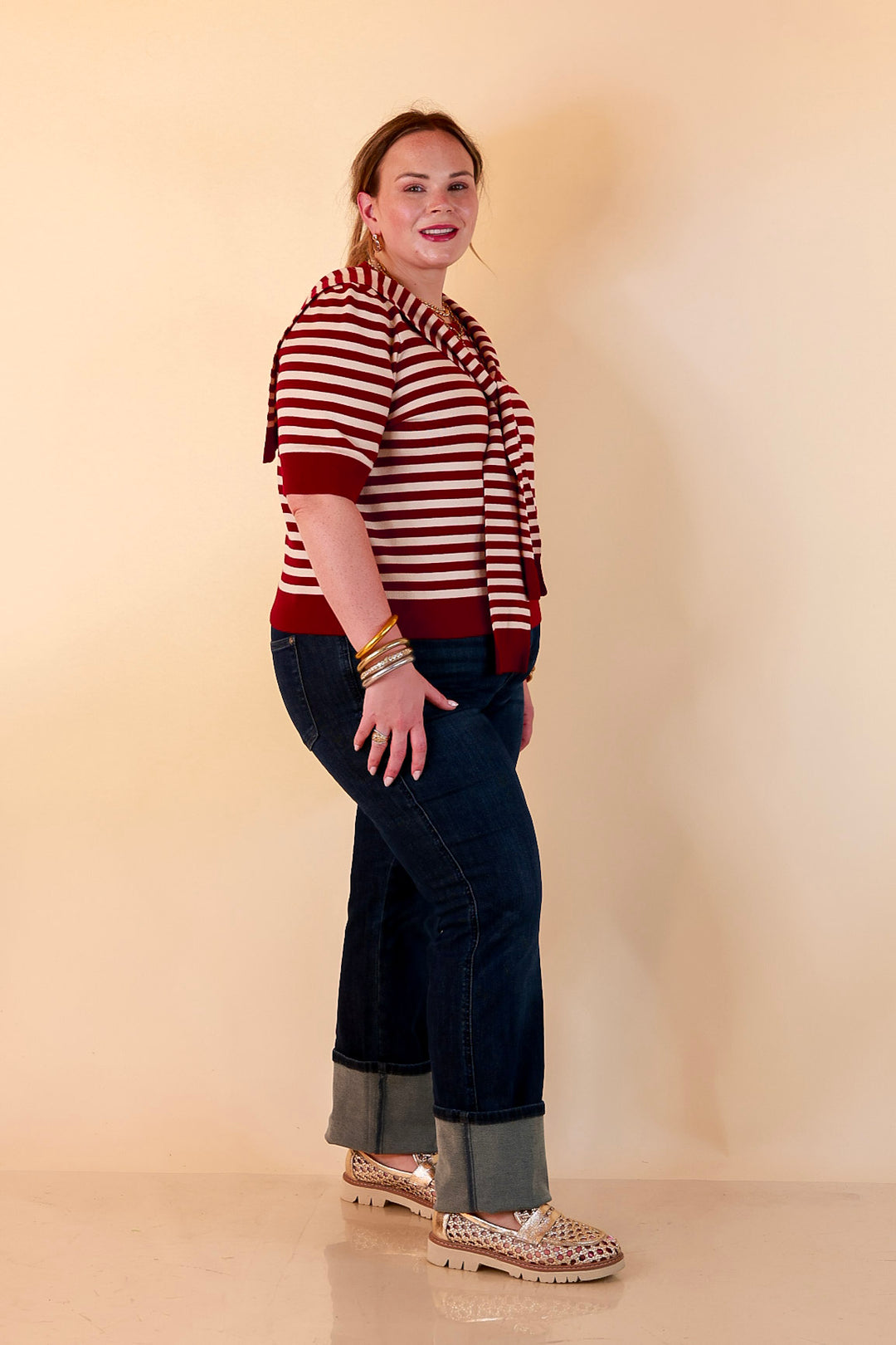 Leading Lady Faux Sweater Tie Detail Short Sleeve Striped Knit Top in Burgundy and Ivory