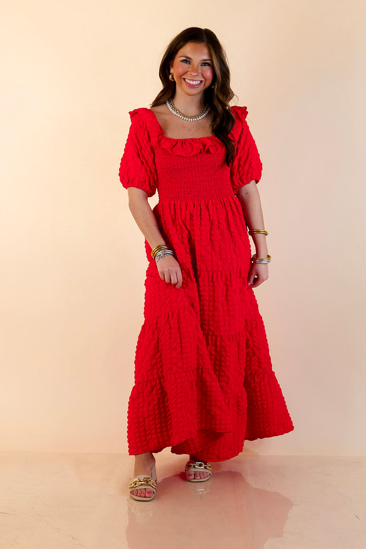 Simply Southern | Radiant Moment Textured Smocked Bodice Tiered Maxi Dress with Puff Sleeves in Red