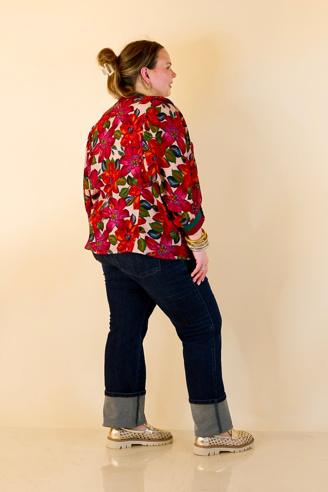 Color Me Confident Floral Print Button Front Contrast Trim Top in Ivory, Plum and Emerald Green
