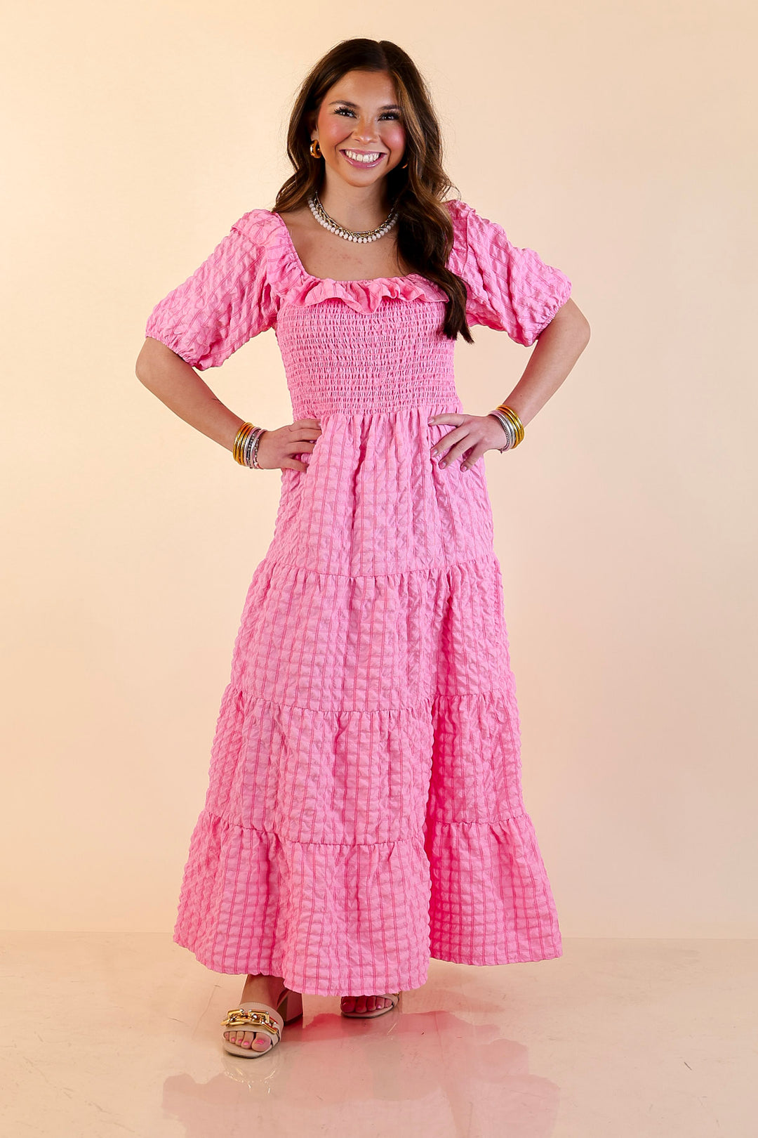 Simply Southern | Radiant Moment Textured Smocked Bodice Tiered Maxi Dress with Puff Sleeves in Pink