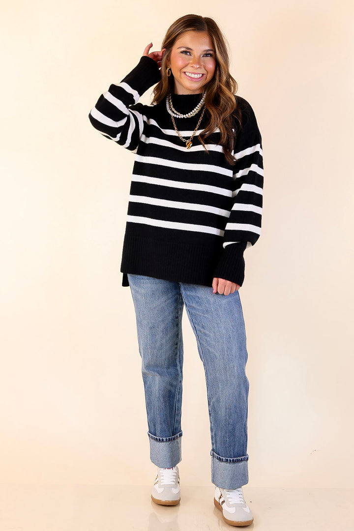 Chilly Day Charm Mock Neck Long Sleeve High-Low Striped Sweater in Black with Ivory Stripes
