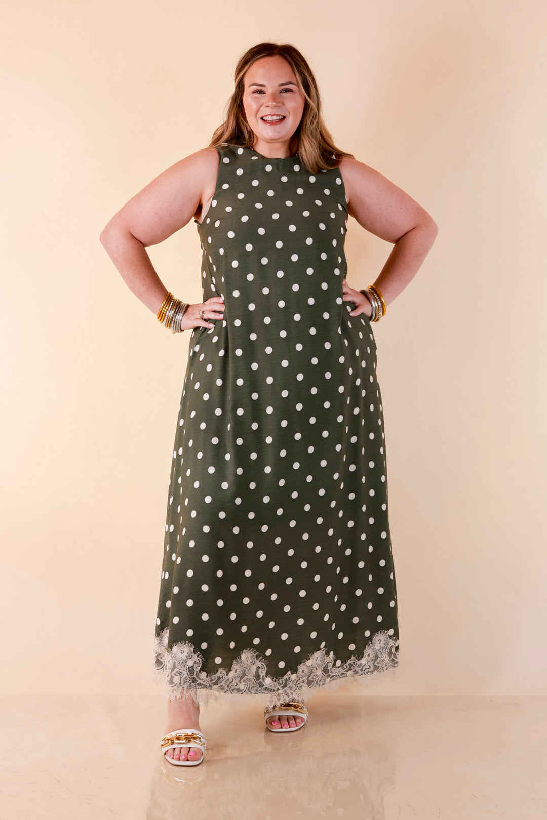 Sweet Little Something Polka Dot Sleeveless Maxi Dress with Lace Trim in Olive Green