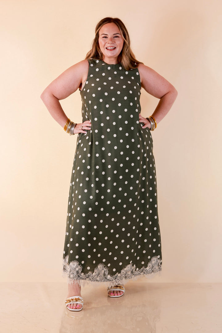 Sweet Little Something Polka Dot Sleeveless Maxi Dress with Lace Trim in Olive Green