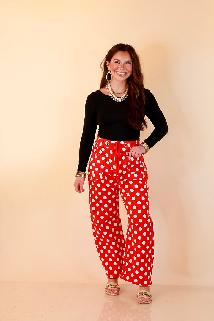 Just My Type Polka Dot Wide Leg Barrel Jeans with Drawstring Waist and Pockets in Red and White