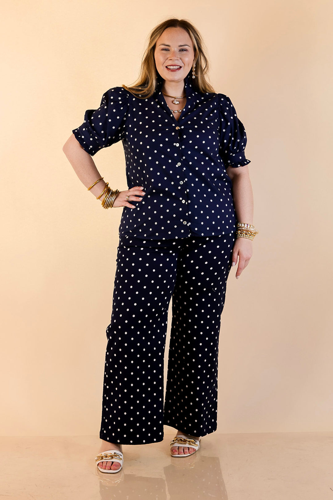 Poised and Polished Button Front Puff Sleeve Top with Polka Dot Print in Navy Blue and White