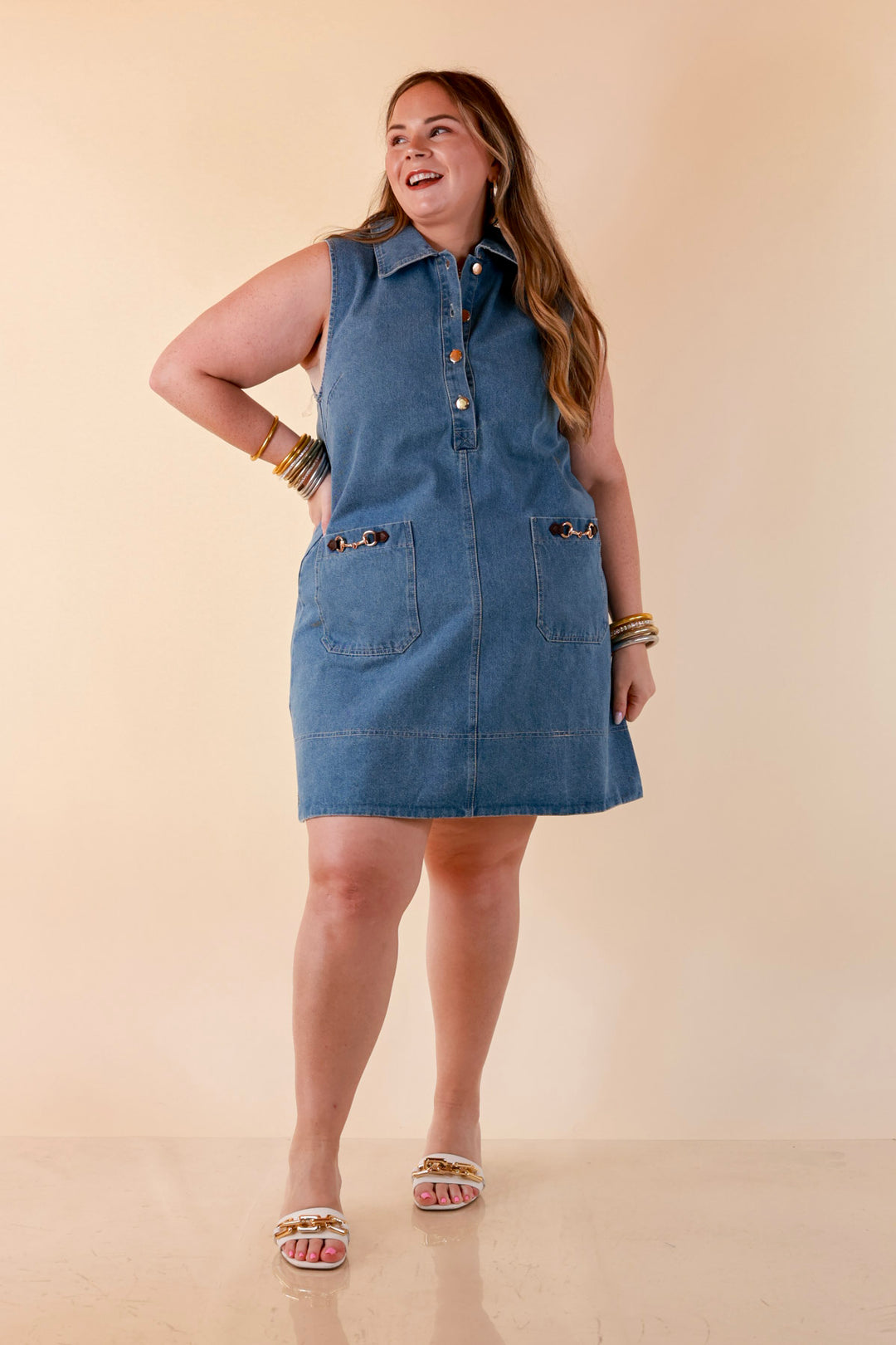 Easy on Repeat Collared Sleeveless Denim Dress with Horse Bit Detailing in Medium Wash