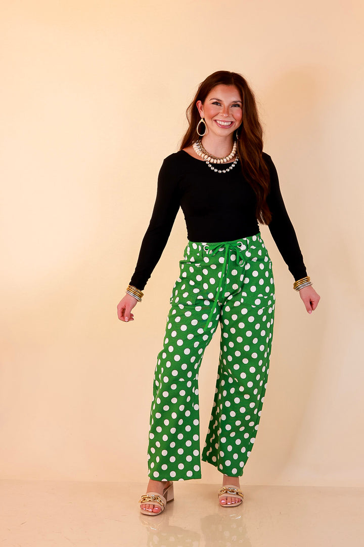 Just My Type Polka Dot Wide Leg Barrel Jeans with Drawstring Waist and Pockets in Green and White