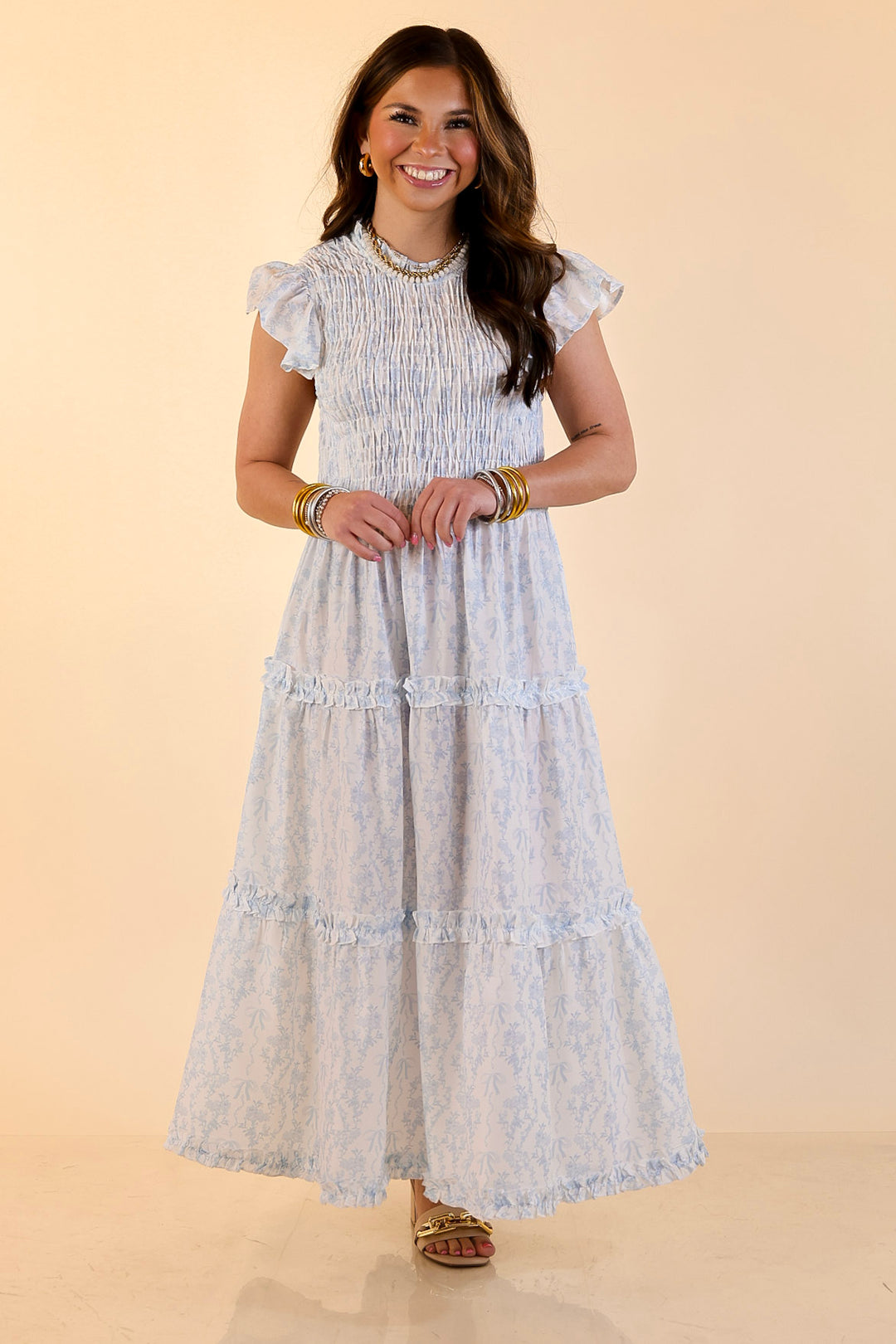 Mud Pie | Graceful Charm Smocked Toile Print Tiered Midi Dress with Ruffle Sleeves in Blue and White