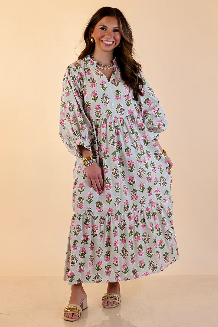 Mud Pie | Lovely Impression Cotton Poplin Floral Midi Dress with Ruffle Collar and Puff Sleeves in Sage Multi