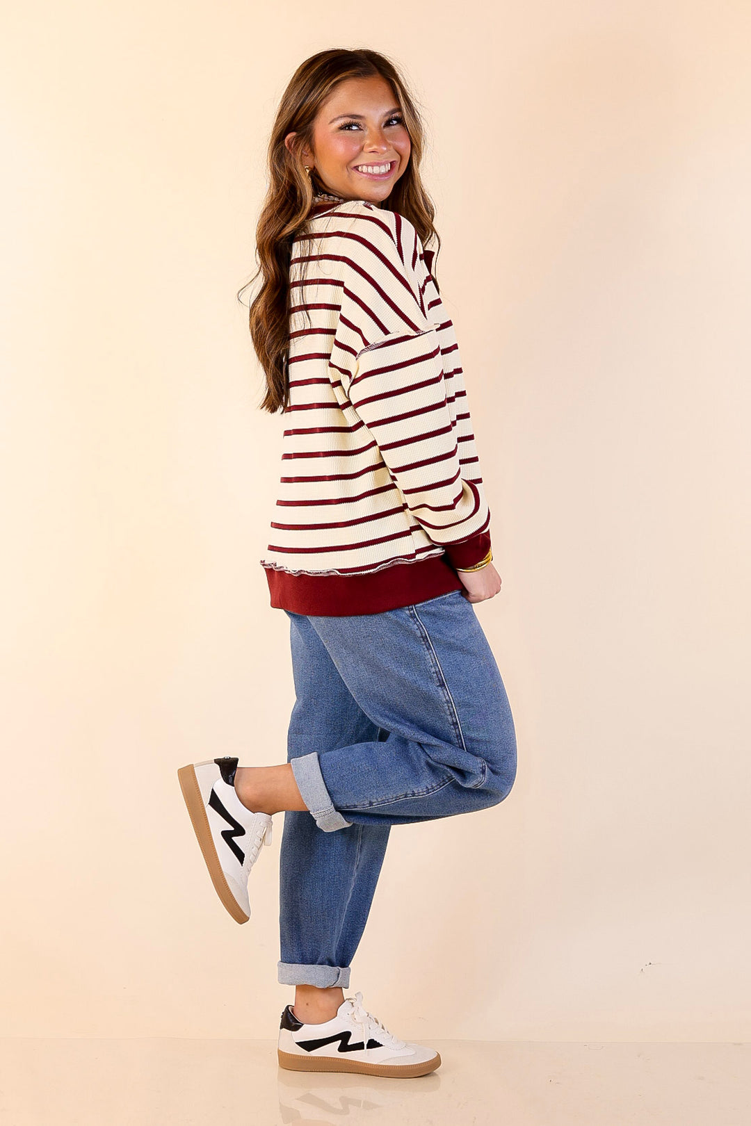 Casual Edge Long Sleeve Striped Henley Knit Top with Dropped Shoulders in Ivory with Maroon Stripes