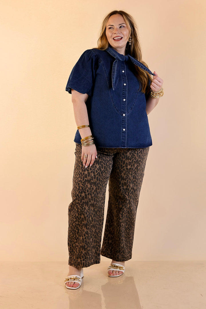Tie the Moment Denim Pearl Snap Button Front Top with Statement Tie Neckline and Puff Sleeves in Medium Wash