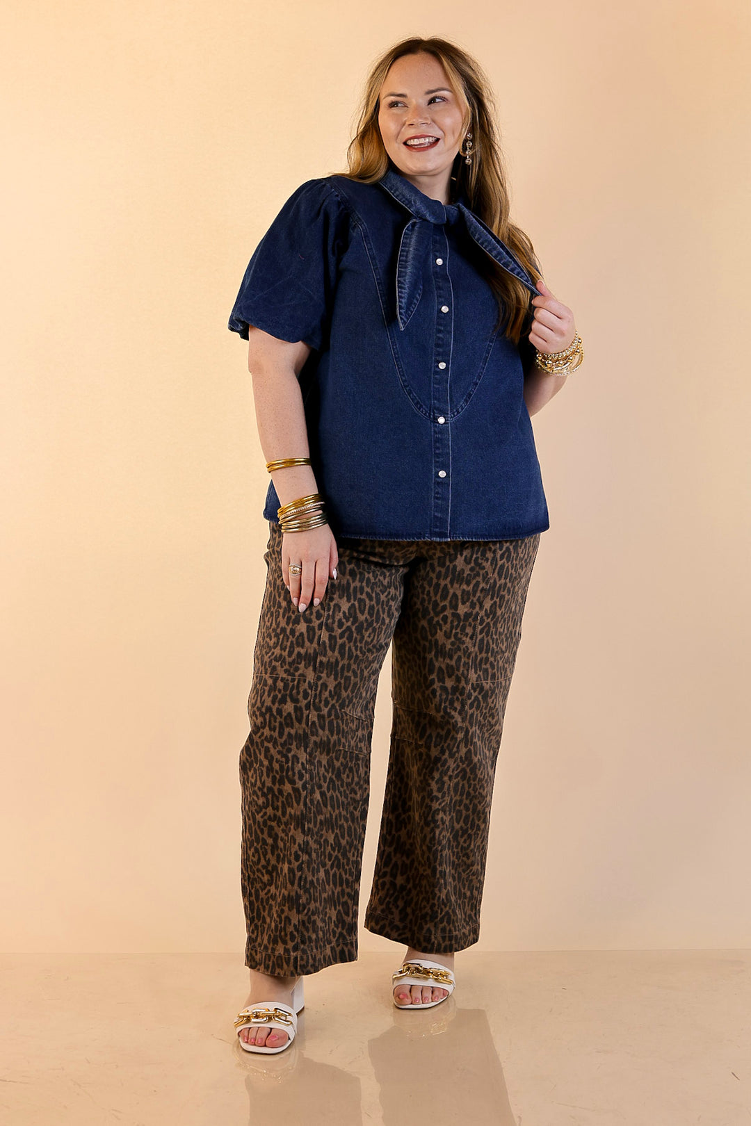 Risen | Wild Card Leopard Print Denim Barrel Jeans in Brown