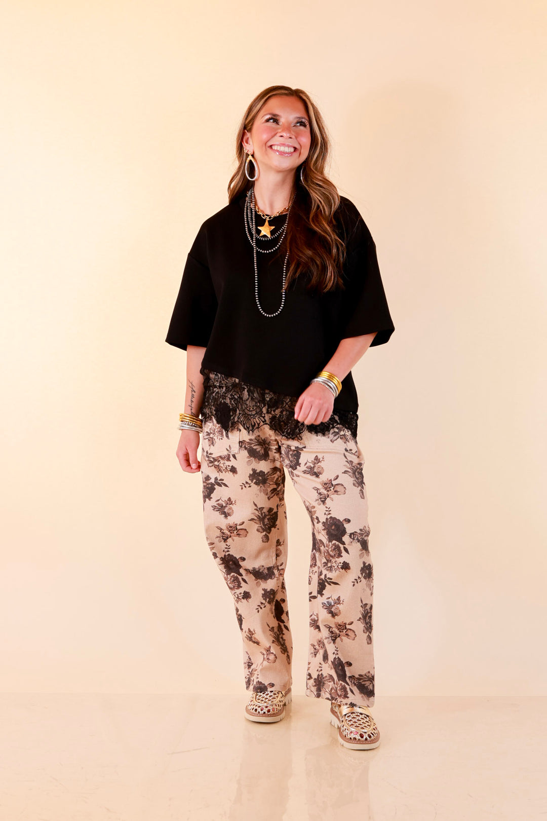 Just My Type Floral Print Wide Leg Barrel Jeans with Drawstring Waist in Beige