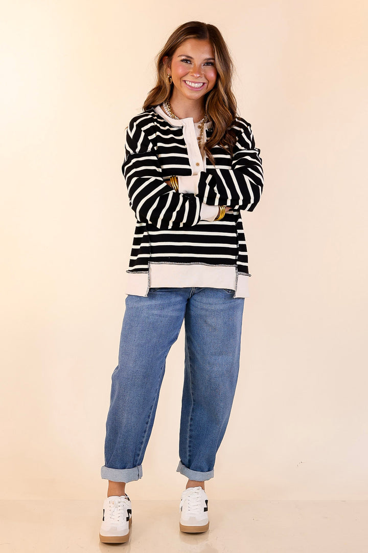 Casual Edge Long Sleeve Striped Henley Knit Top with Dropped Shoulders in Black with Ivory Stripes