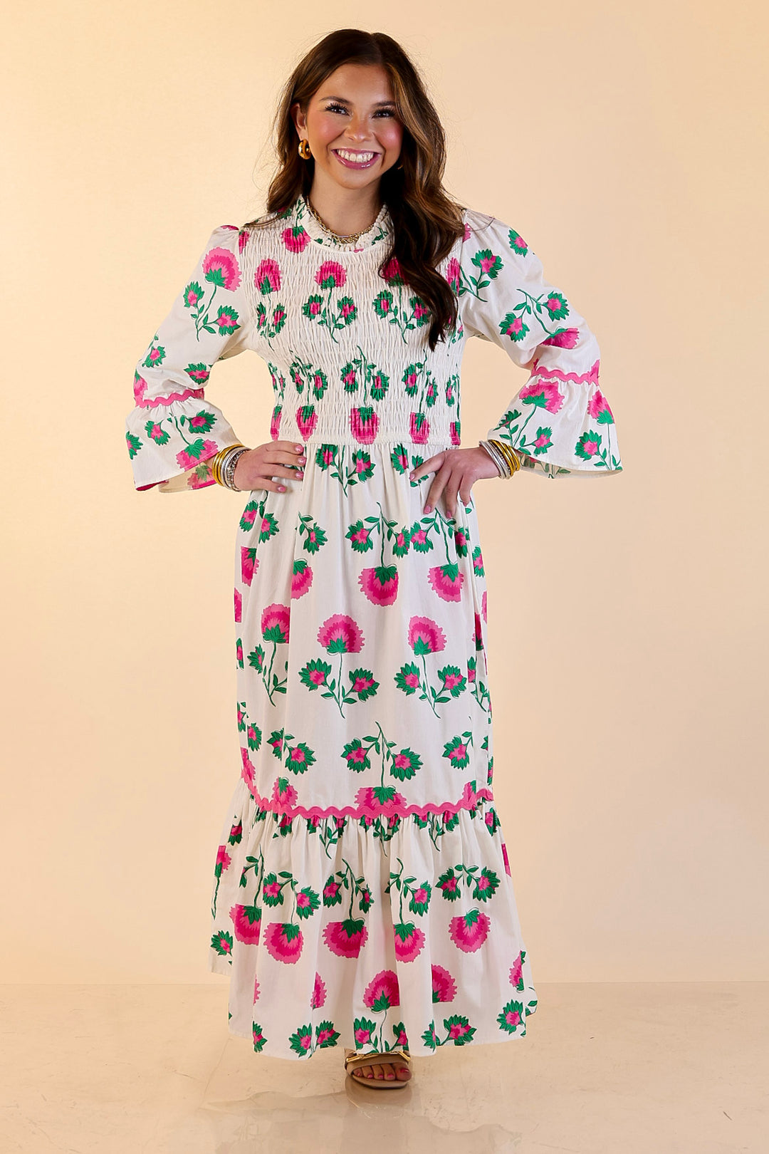 Mud Pie | Petal Parade Smocked Floral Print Tiered Midi Dress with Scallop Trim in Cream Multi